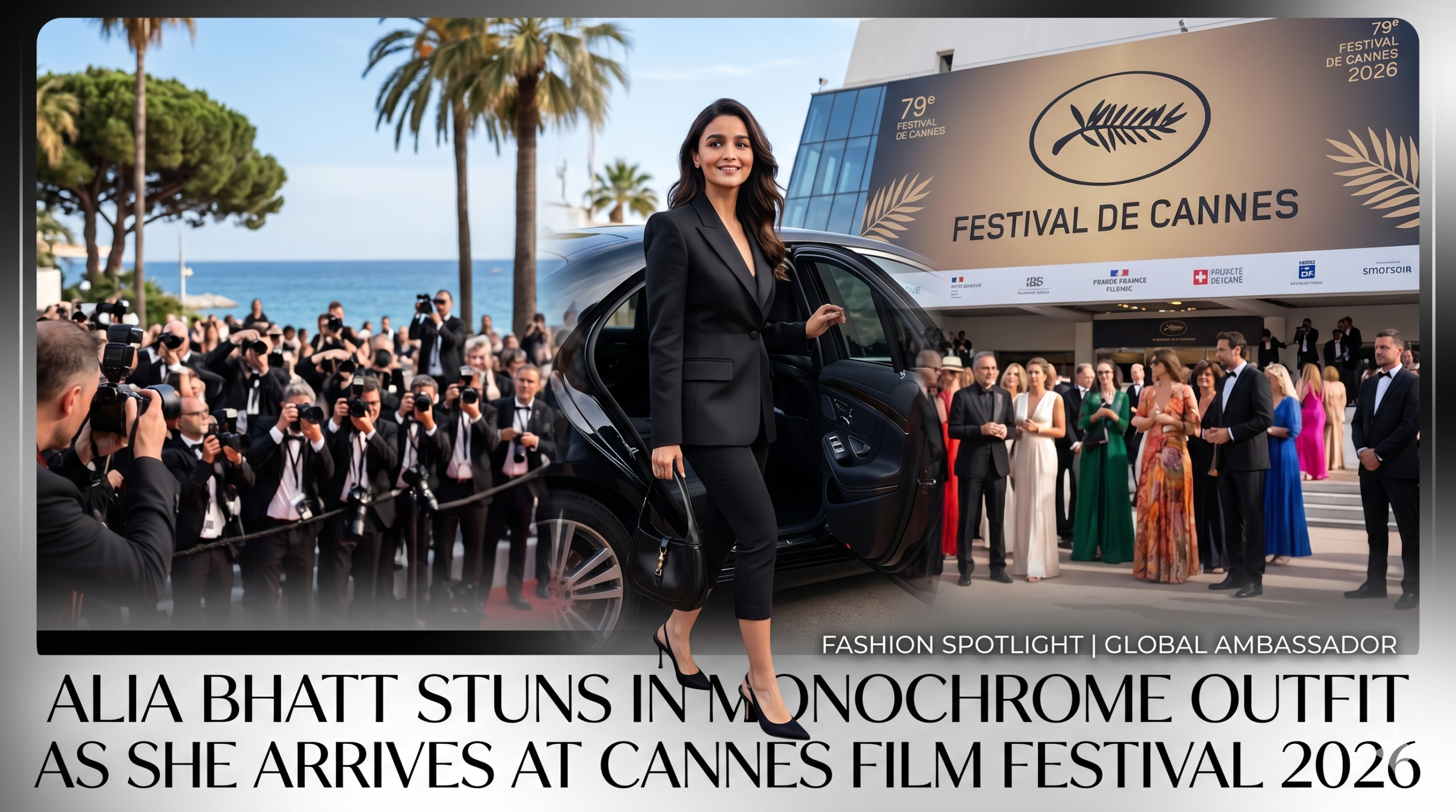 Alia Bhatt arriving at the Cannes Film Festival 2026 wearing a tailored black monochrome blazer, capri pants, and carrying a vintage-inspired handbag, with paparazzi in the background.