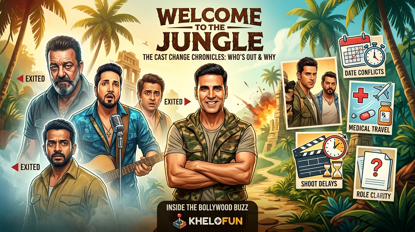 A promotional-style graphic illustration for the film 'Welcome to the Jungle' featuring Akshay Kumar and key actors who exited. The image shows illustrations of Sanjay Dutt, Mika Singh, and Sharib Hashmi on the left with 'EXITED' tags, and Akshay Kumar in the center. On the right, four infographic panels explain the reasons: Date Conflicts (calendar), Medical Travel (health icon and plane), Shoot Delays (clapperboard and hourglass), and Role Clarity (question mark document). The background is a jungle scene, and the Khelofun logo is at the bottom.