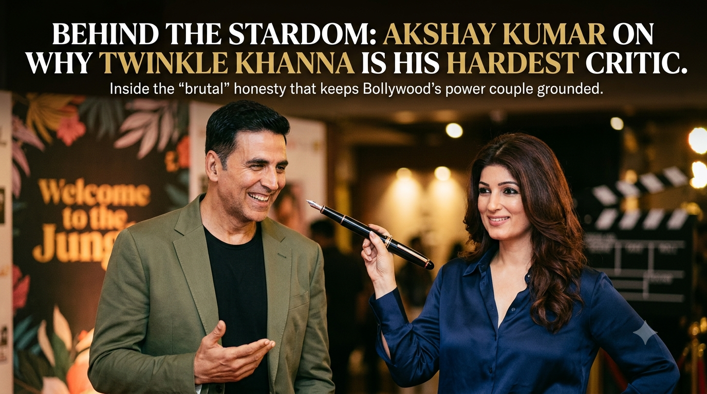 Bollywood actor Akshay Kumar smiling as his wife, author Twinkle Khanna, playfully points a large metaphorical fountain pen at him, featuring text overlay about her role as his hardest critic.