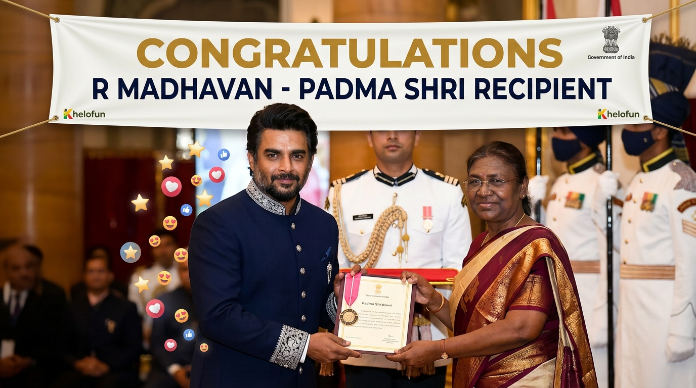 R Madhavan receiving the Padma Shri award from President Droupadi Murmu at Rashtrapati Bhavan.