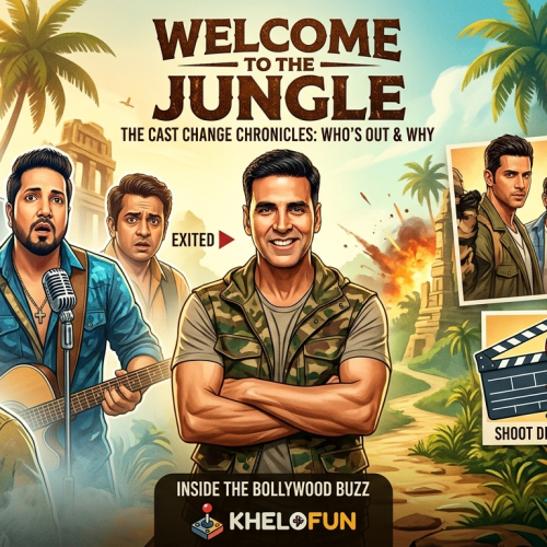 A promotional-style graphic illustration for the film 'Welcome to the Jungle' featuring Akshay Kumar and key actors who exited. The image shows illustrations of Sanjay Dutt, Mika Singh, and Sharib Hashmi on the left with 'EXITED' tags, and Akshay Kumar in the center. On the right, four infographic panels explain the reasons: Date Conflicts (calendar), Medical Travel (health icon and plane), Shoot Delays (clapperboard and hourglass), and Role Clarity (question mark document). The background is a jungle scene, and the Khelofun logo is at the bottom.