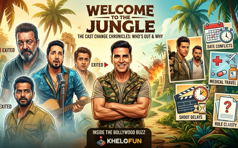 A promotional-style graphic illustration for the film 'Welcome to the Jungle' featuring Akshay Kumar and key actors who exited. The image shows illustrations of Sanjay Dutt, Mika Singh, and Sharib Hashmi on the left with 'EXITED' tags, and Akshay Kumar in the center. On the right, four infographic panels explain the reasons: Date Conflicts (calendar), Medical Travel (health icon and plane), Shoot Delays (clapperboard and hourglass), and Role Clarity (question mark document). The background is a jungle scene, and the Khelofun logo is at the bottom.