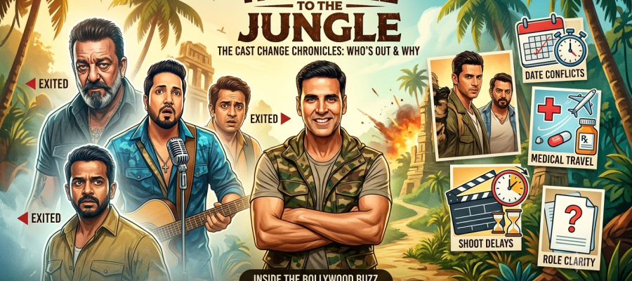 A promotional-style graphic illustration for the film 'Welcome to the Jungle' featuring Akshay Kumar and key actors who exited. The image shows illustrations of Sanjay Dutt, Mika Singh, and Sharib Hashmi on the left with 'EXITED' tags, and Akshay Kumar in the center. On the right, four infographic panels explain the reasons: Date Conflicts (calendar), Medical Travel (health icon and plane), Shoot Delays (clapperboard and hourglass), and Role Clarity (question mark document). The background is a jungle scene, and the Khelofun logo is at the bottom.