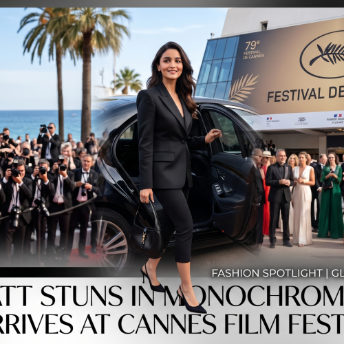 Alia Bhatt arriving at the Cannes Film Festival 2026 wearing a tailored black monochrome blazer, capri pants, and carrying a vintage-inspired handbag, with paparazzi in the background.
