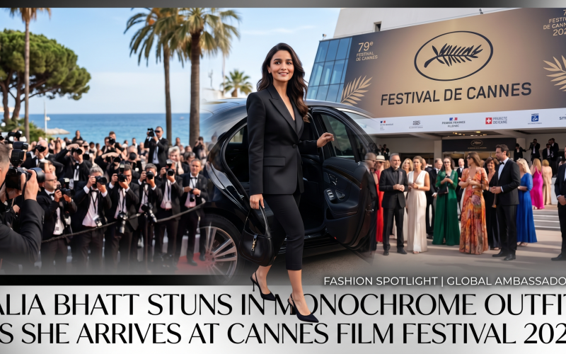 Alia Bhatt arriving at the Cannes Film Festival 2026 wearing a tailored black monochrome blazer, capri pants, and carrying a vintage-inspired handbag, with paparazzi in the background.