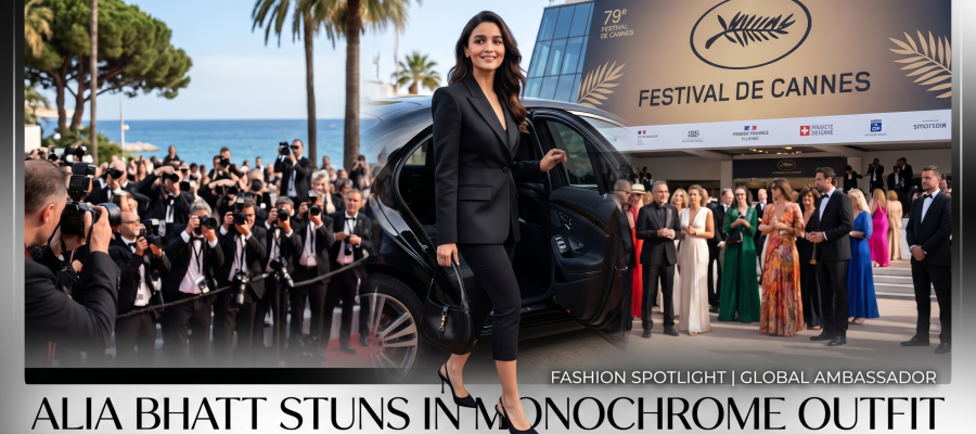 Alia Bhatt arriving at the Cannes Film Festival 2026 wearing a tailored black monochrome blazer, capri pants, and carrying a vintage-inspired handbag, with paparazzi in the background.