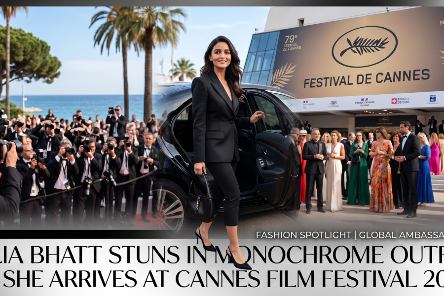 Alia Bhatt arriving at the Cannes Film Festival 2026 wearing a tailored black monochrome blazer, capri pants, and carrying a vintage-inspired handbag, with paparazzi in the background.