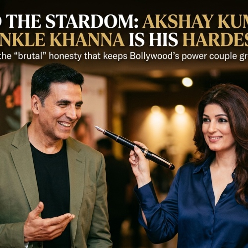 Bollywood actor Akshay Kumar smiling as his wife, author Twinkle Khanna, playfully points a large metaphorical fountain pen at him, featuring text overlay about her role as his hardest critic.