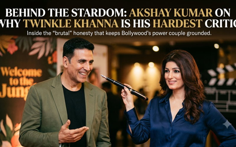 Bollywood actor Akshay Kumar smiling as his wife, author Twinkle Khanna, playfully points a large metaphorical fountain pen at him, featuring text overlay about her role as his hardest critic.