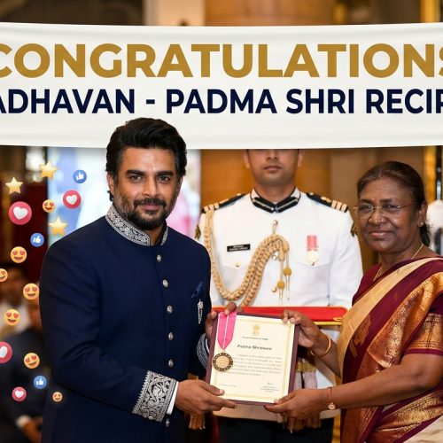 R Madhavan receiving the Padma Shri award from President Droupadi Murmu at Rashtrapati Bhavan.